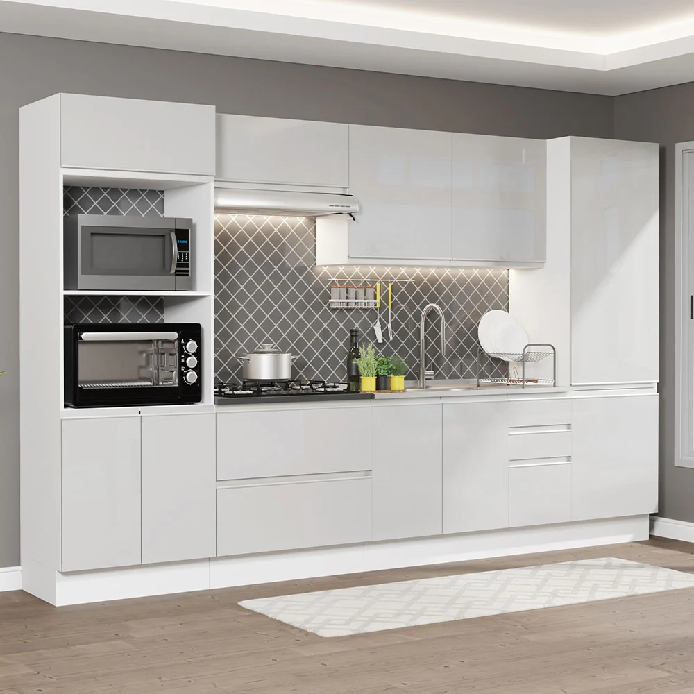 Armário de Cozinha Completa 100% MDF 330cm Frentes Branco Brilho Acordes Madesa 05