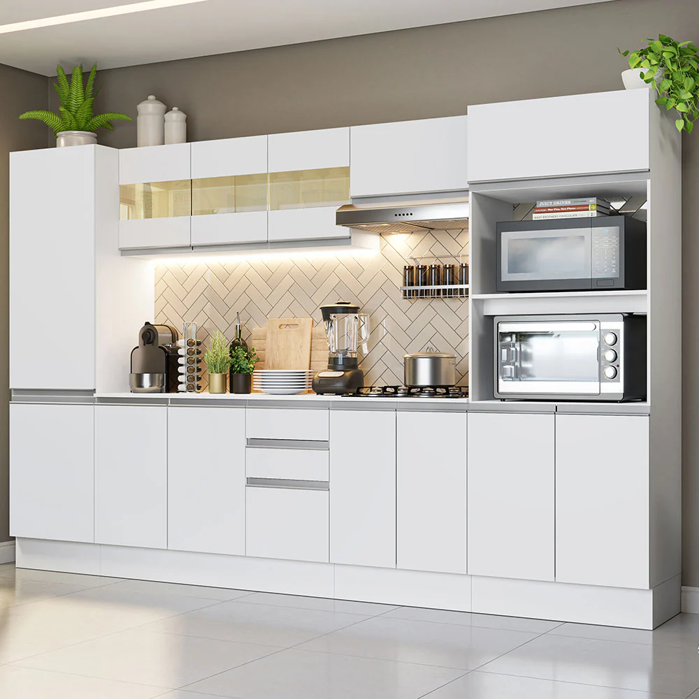 Armário de Cozinha Completa 100% MDF 300 cm Frentes Branco Smart Madesa 01