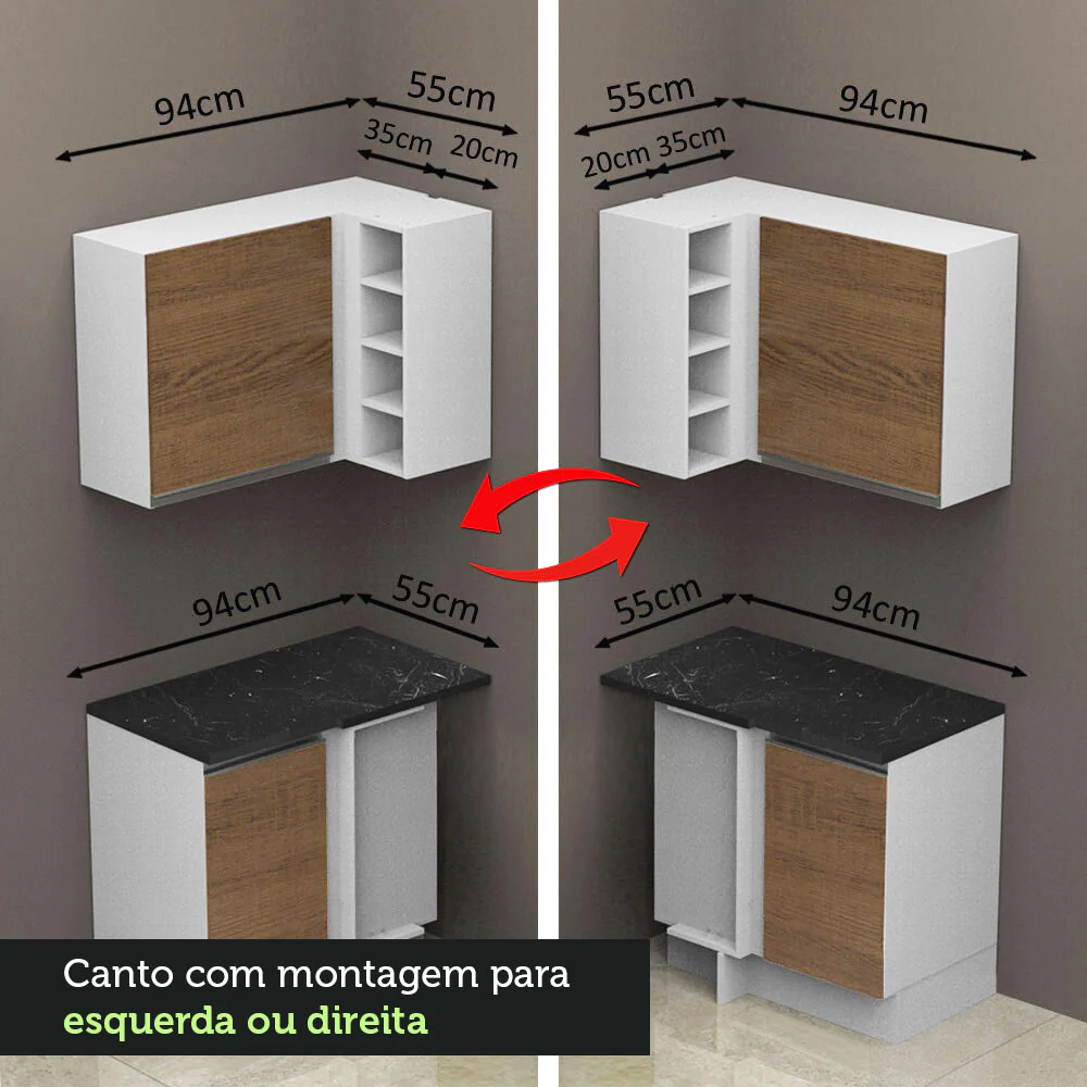 Armário de Cozinha Completa de Canto 100% MDF 389cm Branco/Rustic Acordes Madesa 02 - Image 7