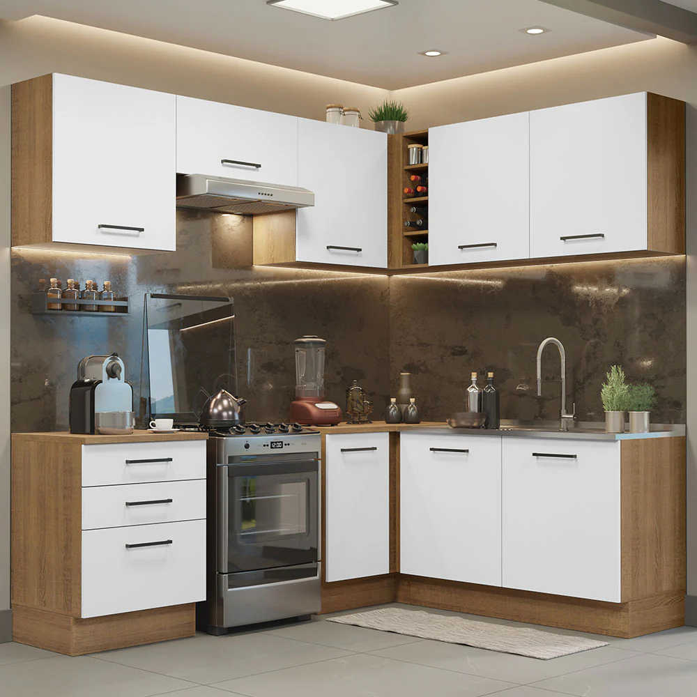Armário de Cozinha Completa de Canto 399cm Rustic Branco Agata Madesa 02