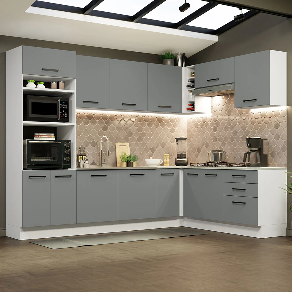 Armário de Cozinha Completa de Canto 479cm Branco Cinza Agata Madesa 01