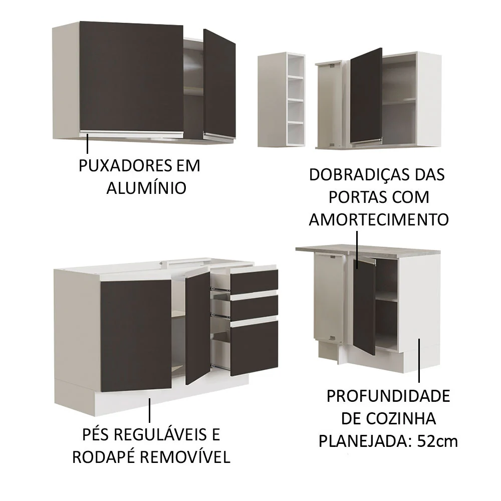 Armário de Cozinha Compacta de Canto 269cm Branco/Preto Glamy Madesa 01 - Image 4