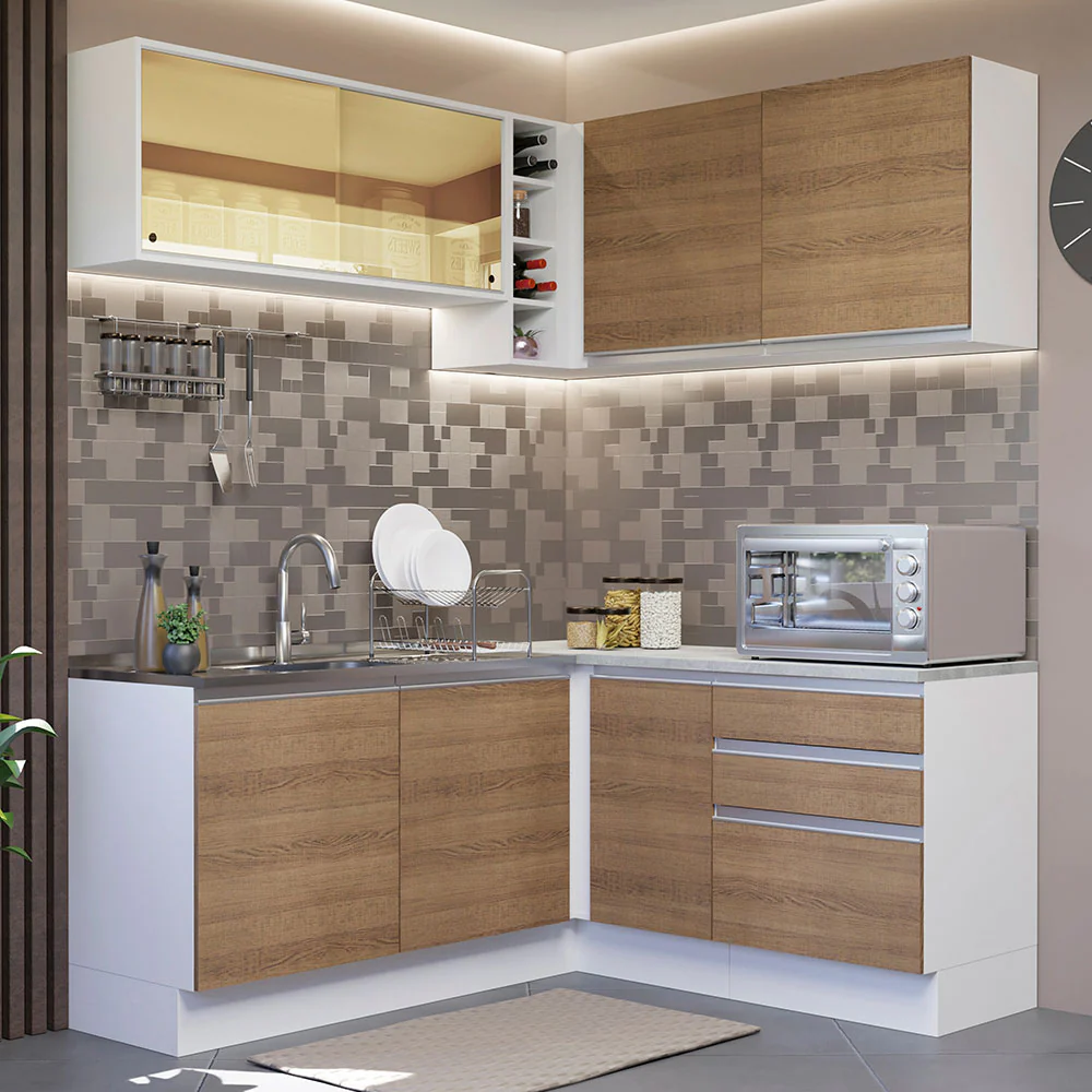 Armário de Cozinha Completa de Canto 329cm Branco Rustic Glamy Madesa 02