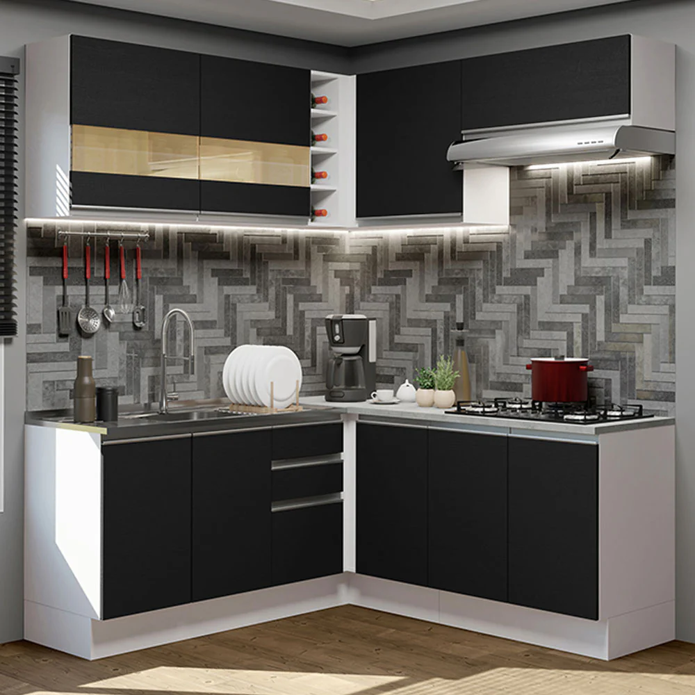 Armário de Cozinha Completa de Canto 349cm Branco/Preto Glamy Madesa 01