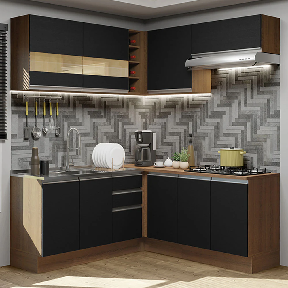 Armário de Cozinha Completa de Canto 349cm Rustic/Preto Glamy Madesa 01