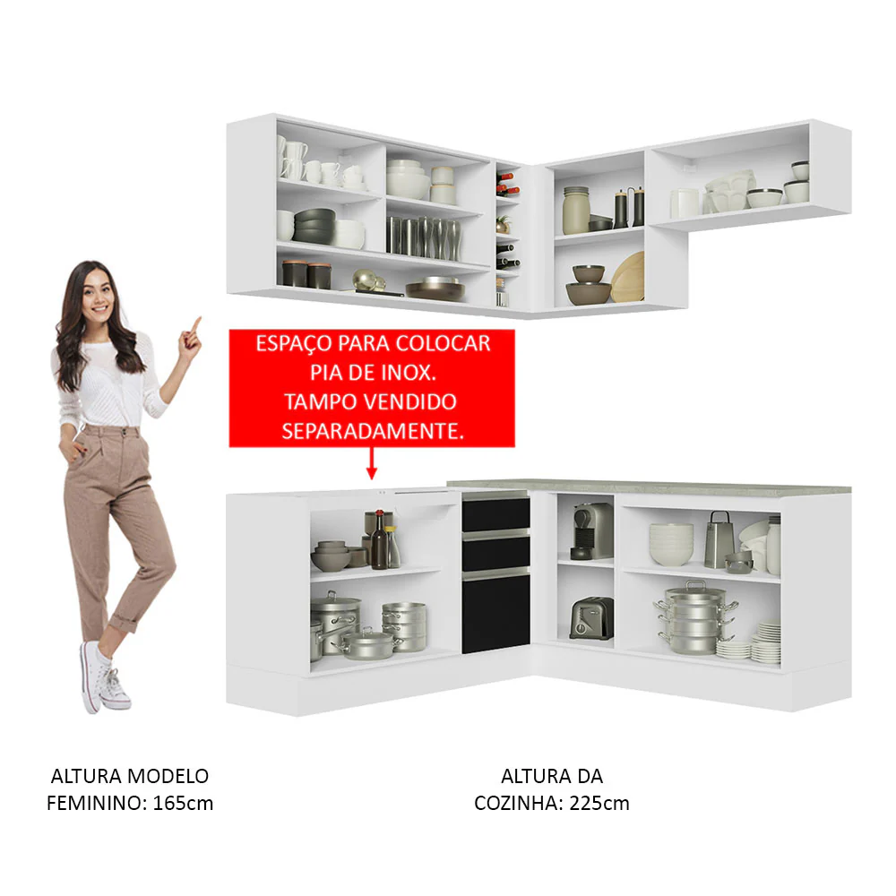 Armário de Cozinha Completa de Canto 349cm Branco Preto Glamy Madesa 02 - Image 5
