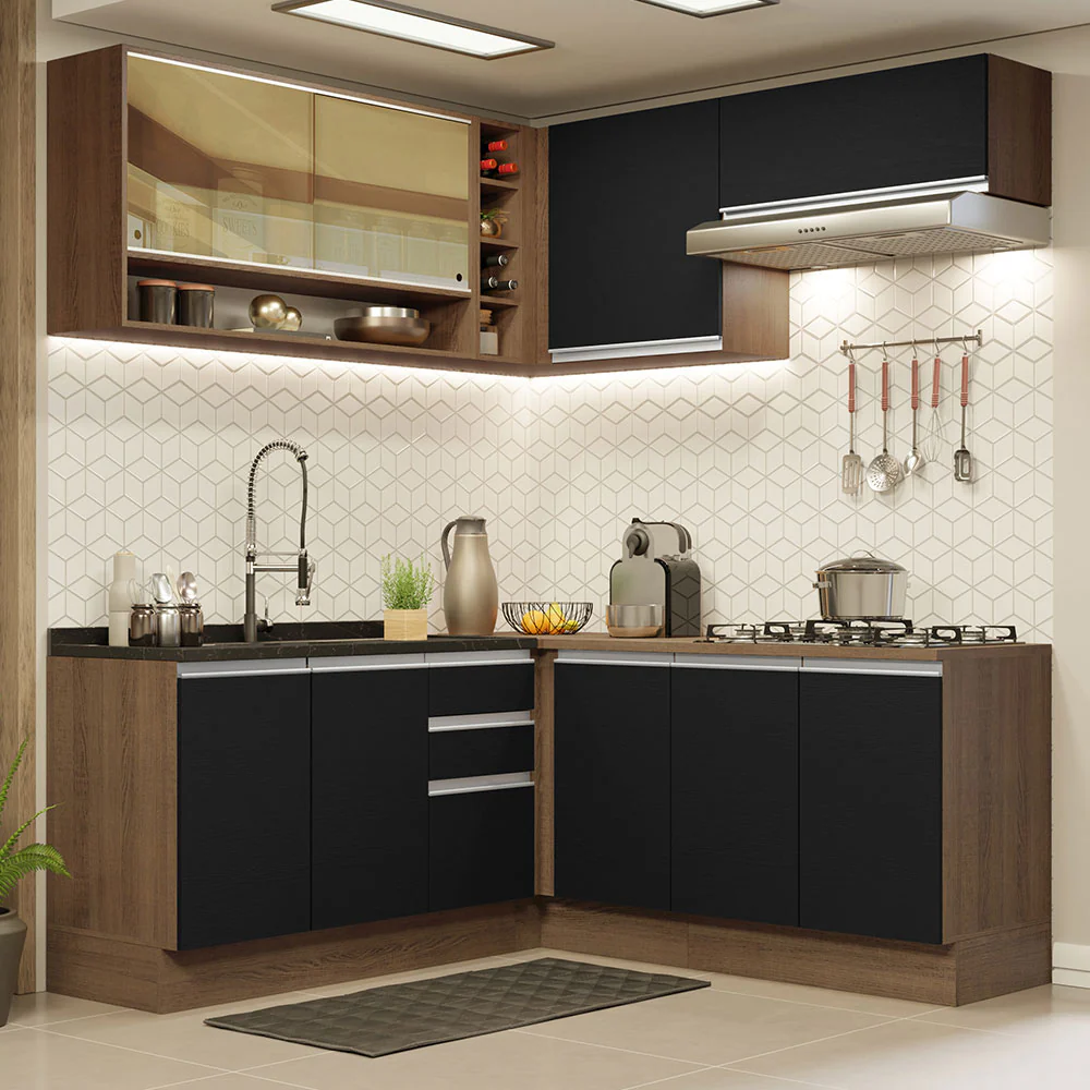 Armário de Cozinha Completa de Canto 349cm Rustic Preto Glamy Madesa 02