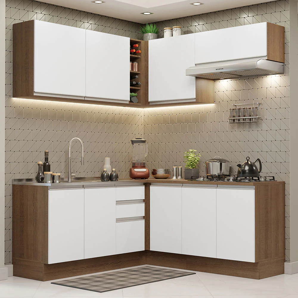 Armário de Cozinha Completa de Canto 349cm Rustic Branco Glamy Madesa 03