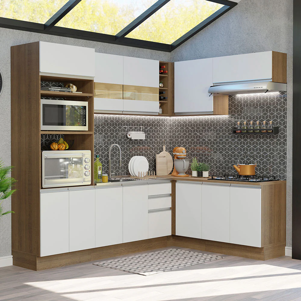 Armário de Cozinha Completa de Canto 419cm Rustic/Branco Glamy Madesa 01
