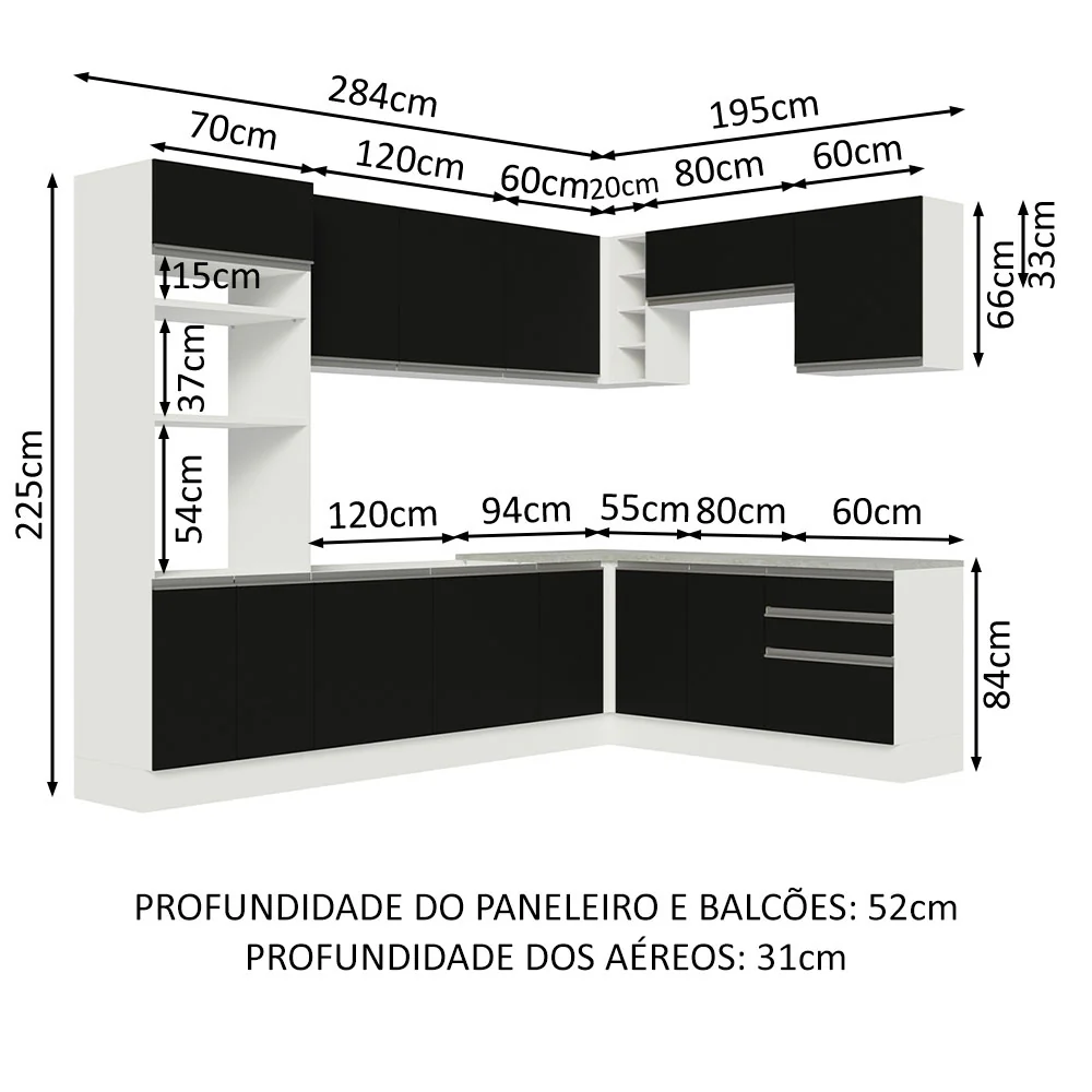 Armário de Cozinha Completa de Canto 479cm Branco Preto Glamy Madesa 01 - Image 3