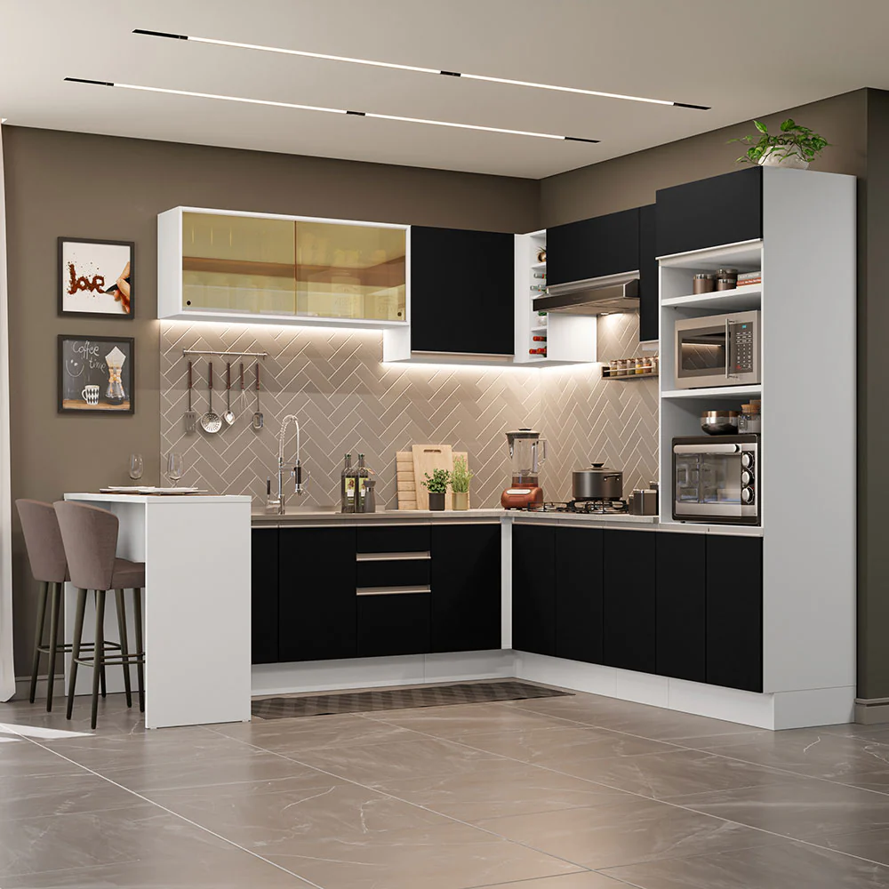 Armário de Cozinha Completa de Canto 504cm Branco/Preto Glamy Madesa 01