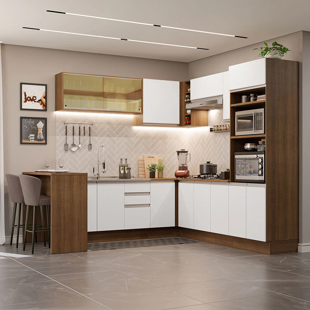 Armário de Cozinha Completa de Canto 504cm Rustic/Branco Glamy Madesa 01