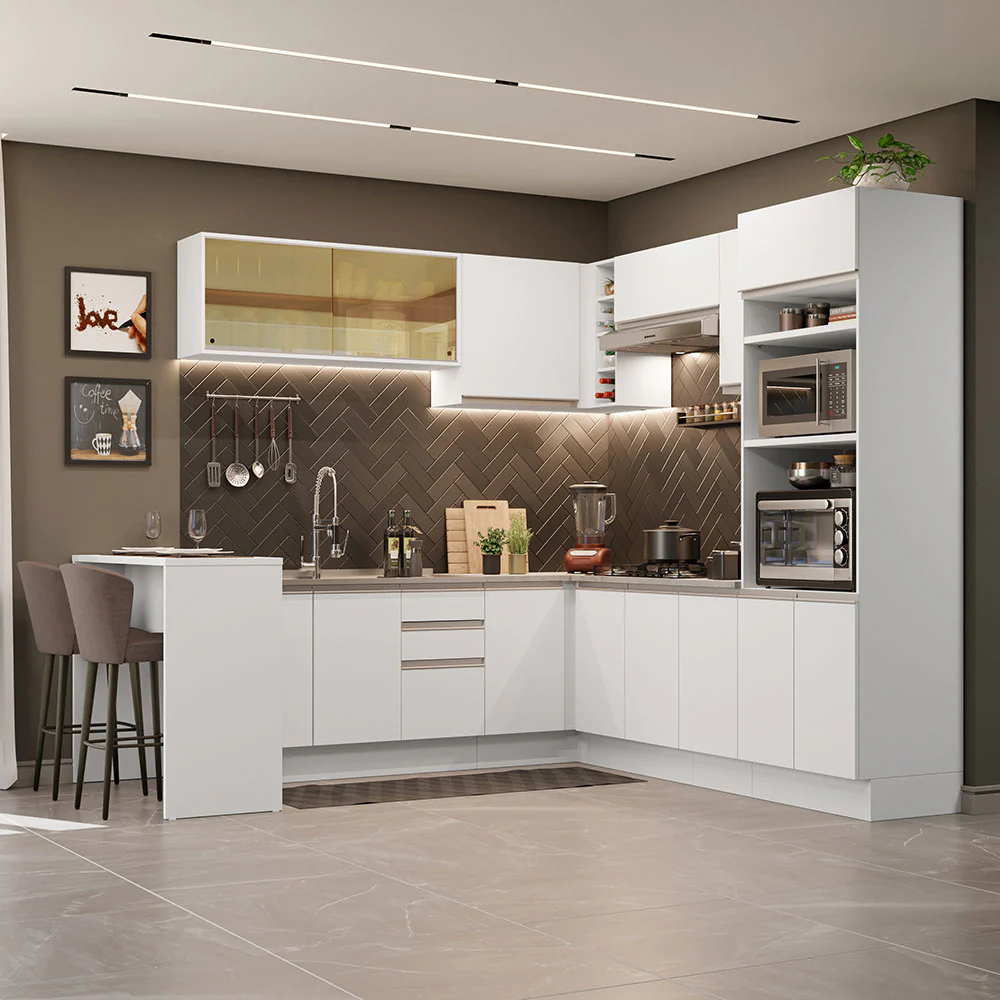 Armário de Cozinha Completa de Canto 504cm Branco Glamy Madesa 01