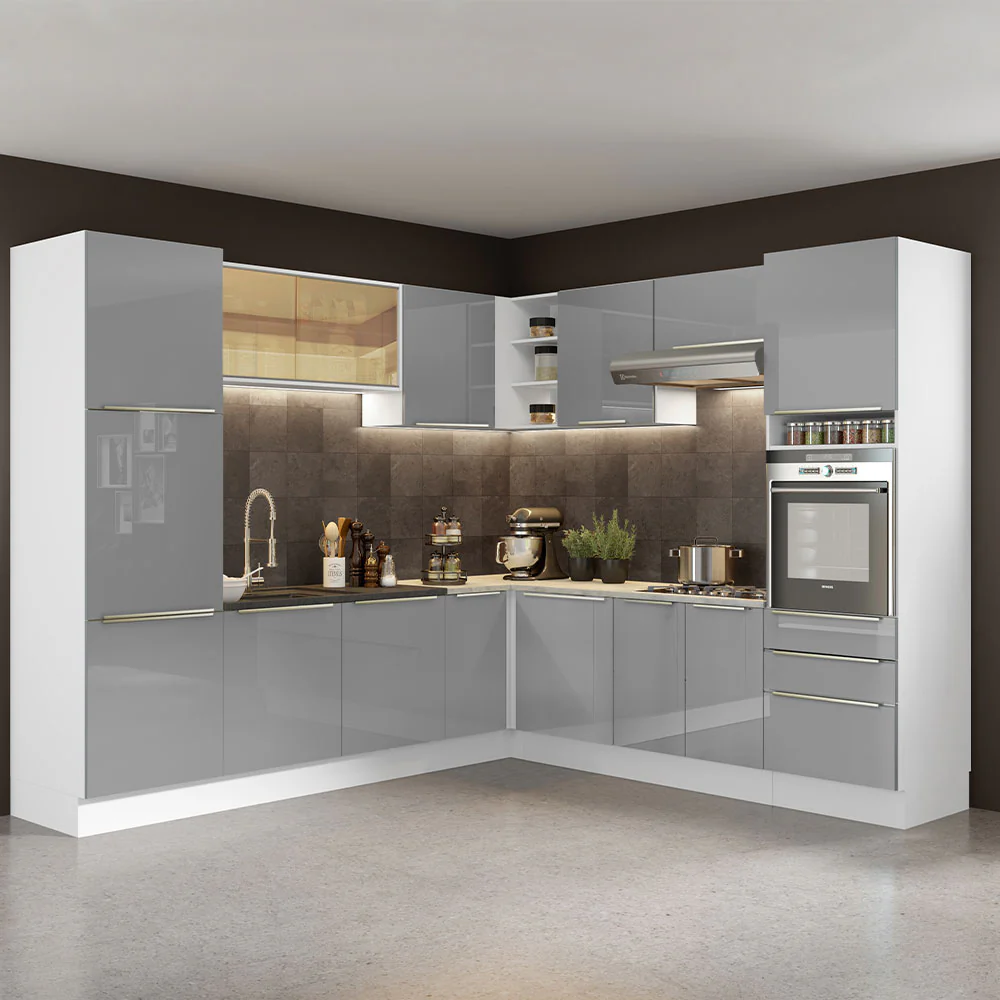 Armário de Cozinha Completa de Canto 546 x 60 cm Branco/Cinza Lux Madesa 03