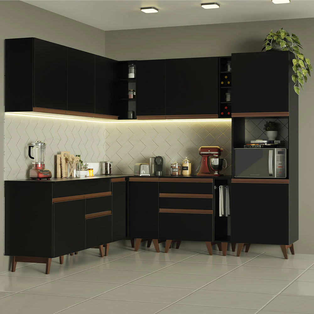 Armário de Cozinha Completa de Canto 437cm Preto Reims Madesa 01
