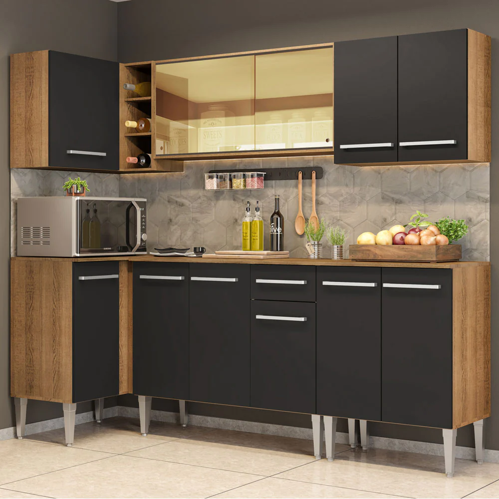 Armário de Cozinha Completa de Canto 293cm Rustic/Preto Emilly Play Madesa 04