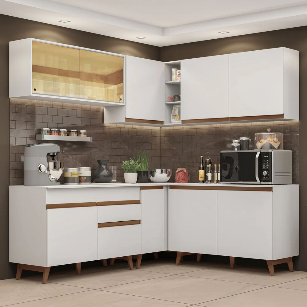 Armário de Cozinha Completa de Canto 382cm Branco Reims Madesa 01