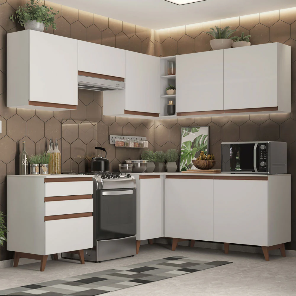 Armário de Cozinha Completa de Canto 392cm Branco Reims Madesa 01