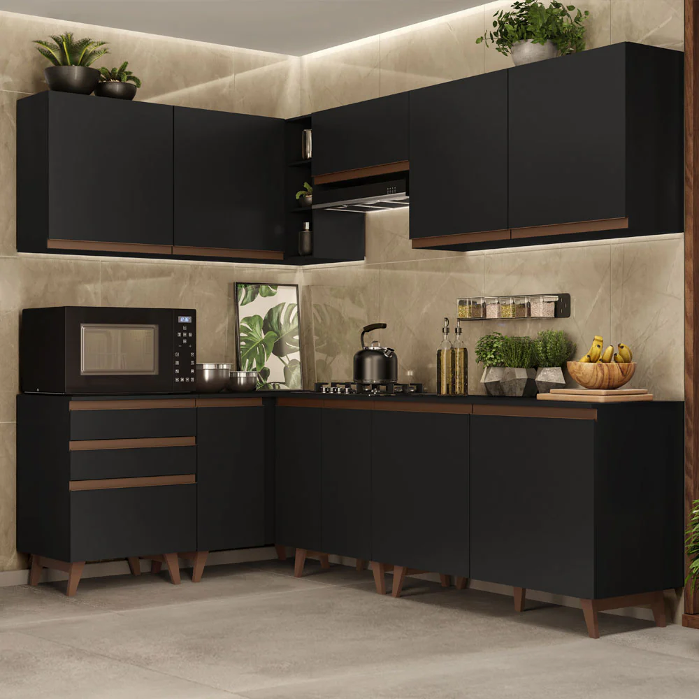 Armário de Cozinha Completa de Canto 392cm Preto Reims Madesa 02