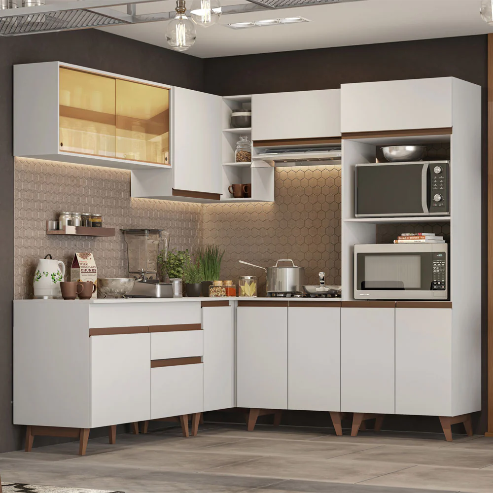 Armário de Cozinha Completa de Canto 402cm Branco Reims Madesa 01