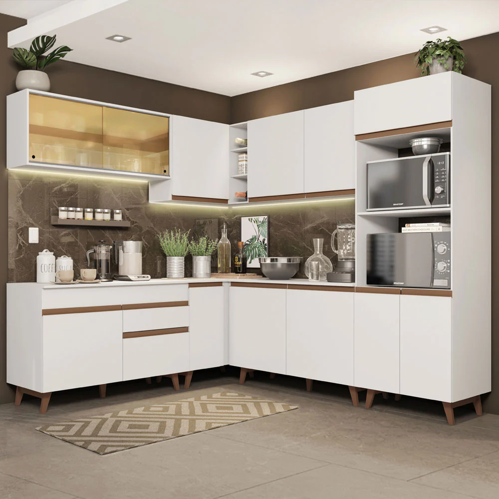 Armário de Cozinha Completa de Canto 452cm Branco Reims Madesa 01