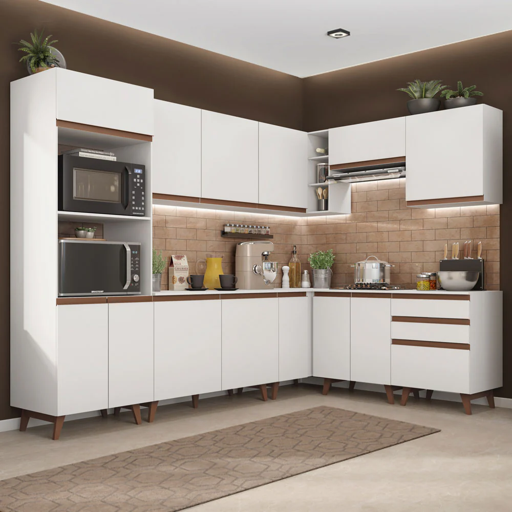 Armário de Cozinha Completa de Canto 462cm Branco Reims Madesa 01
