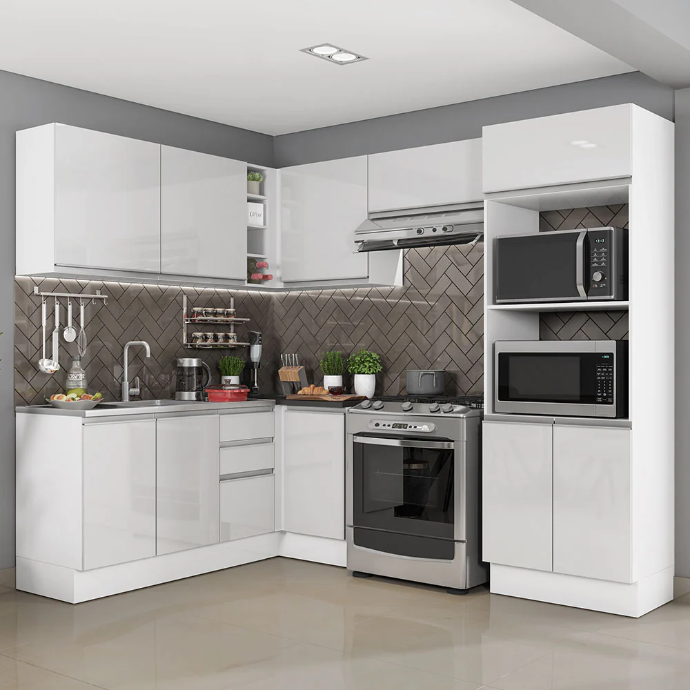 Armário de Cozinha Completa de Canto 100% MDF 419cm Frentes Branco Brilho Acordes Madesa 01
