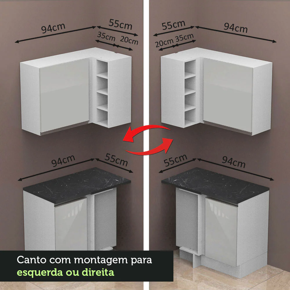 Armário de Cozinha Completa de Canto 100% MDF 419cm Frentes Branco Brilho Acordes Madesa 01 - Image 9