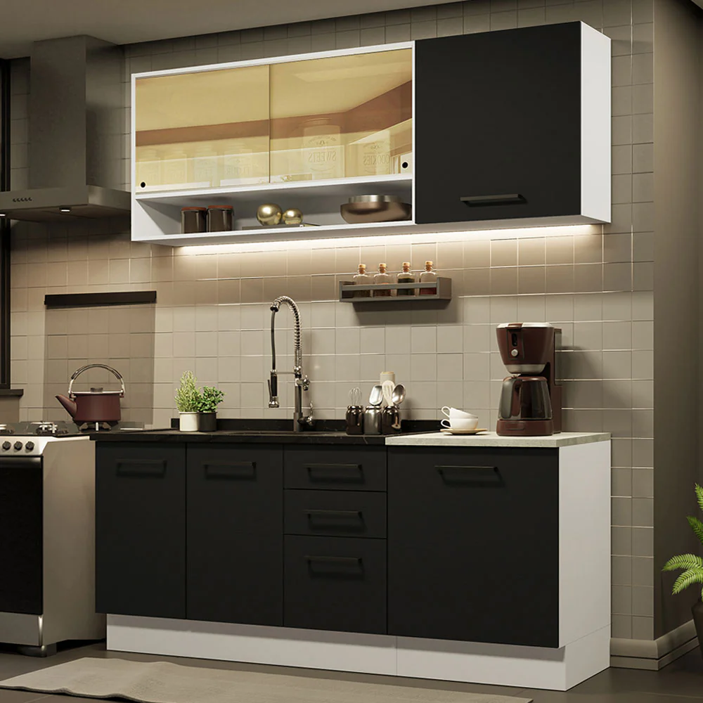 Armário de Cozinha Compacta 180cm Branco Preto Agata Madesa 02
