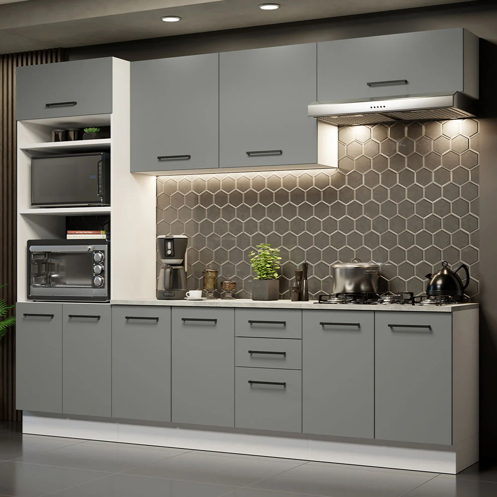 Armário de Cozinha Completa 270cm Branco Cinza Agata Madesa 02