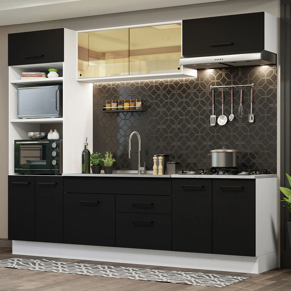 Armário de Cozinha Completa 270cm Branco Preto Agata Madesa 03