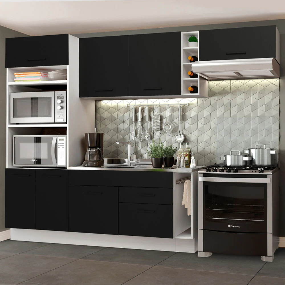 Armário de Cozinha Completa 290cm Branco/Preto Agata Madesa 02