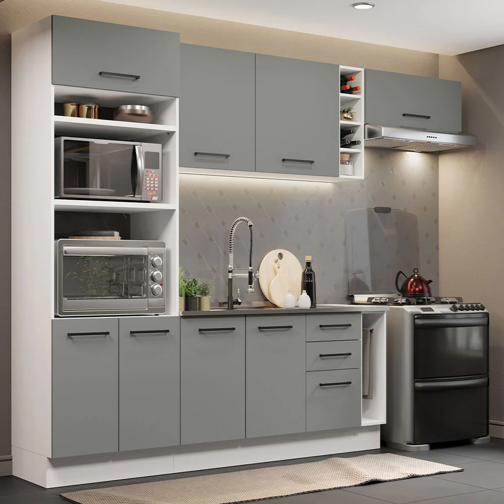 Armário de Cozinha Completa 290cm Branco Cinza Agata Madesa 03