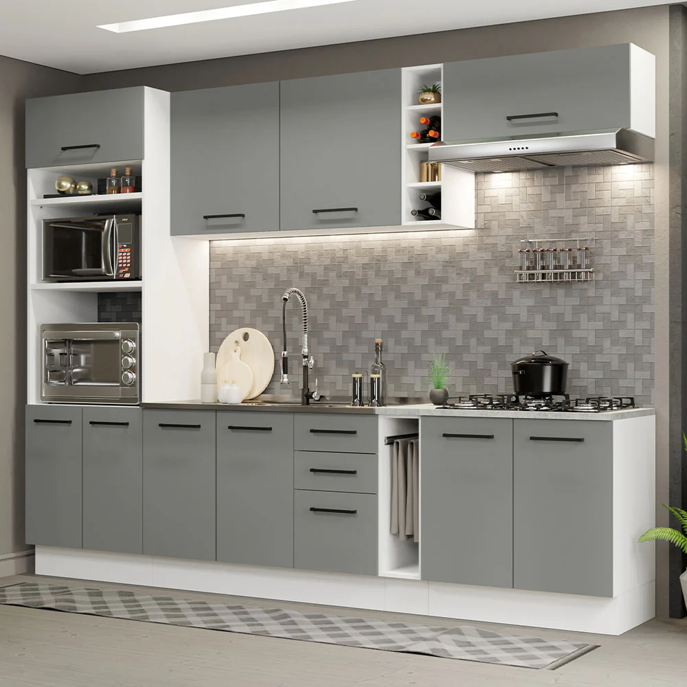 Armário de Cozinha Completa 290cm Branco Cinza Agata Madesa 05