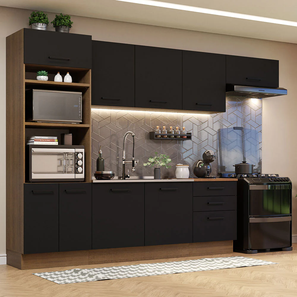 Armário de Cozinha Completa 330cm Rustic Preto Agata Madesa 01