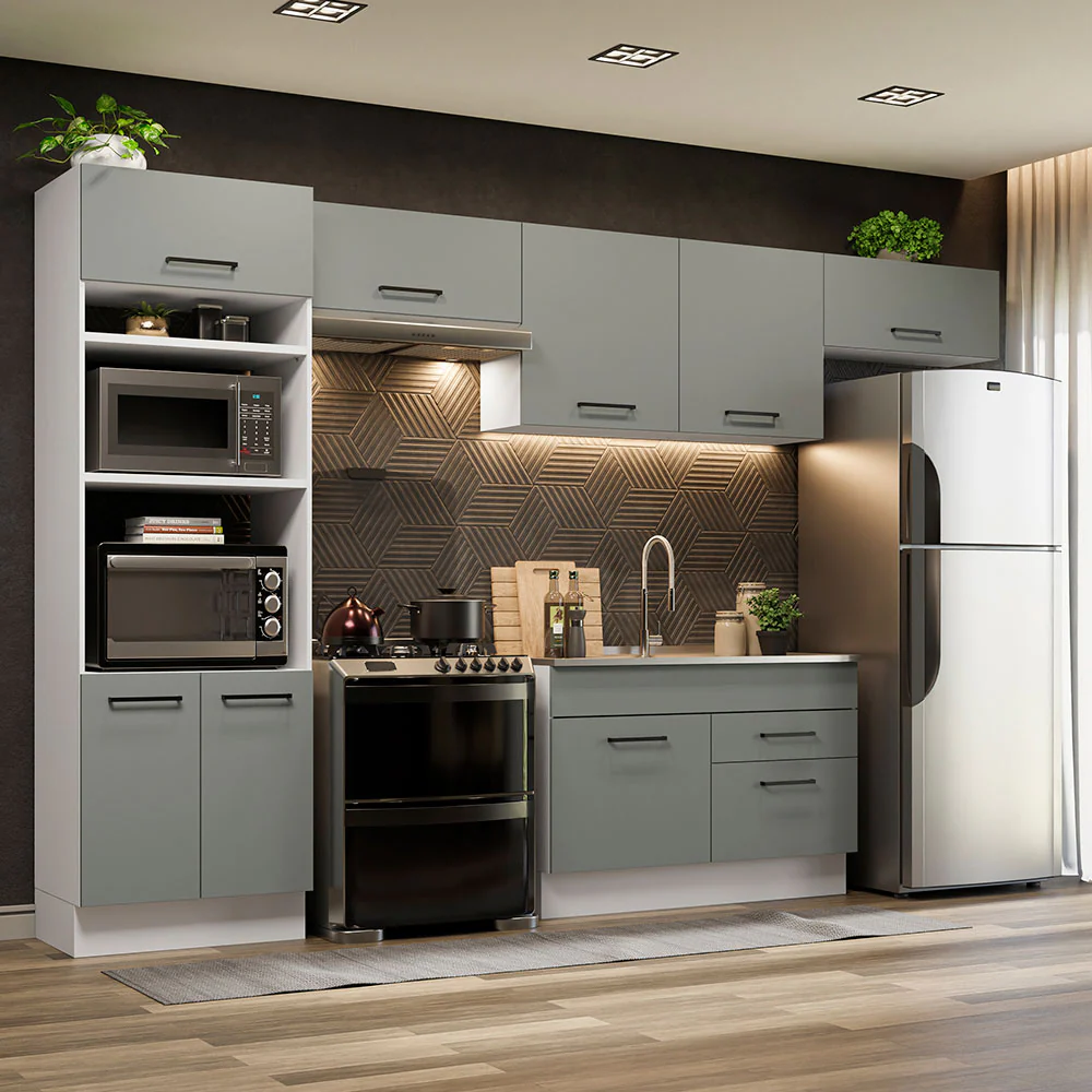 Armário de Cozinha Completa 350cm Branco/Cinza Agata Madesa 01