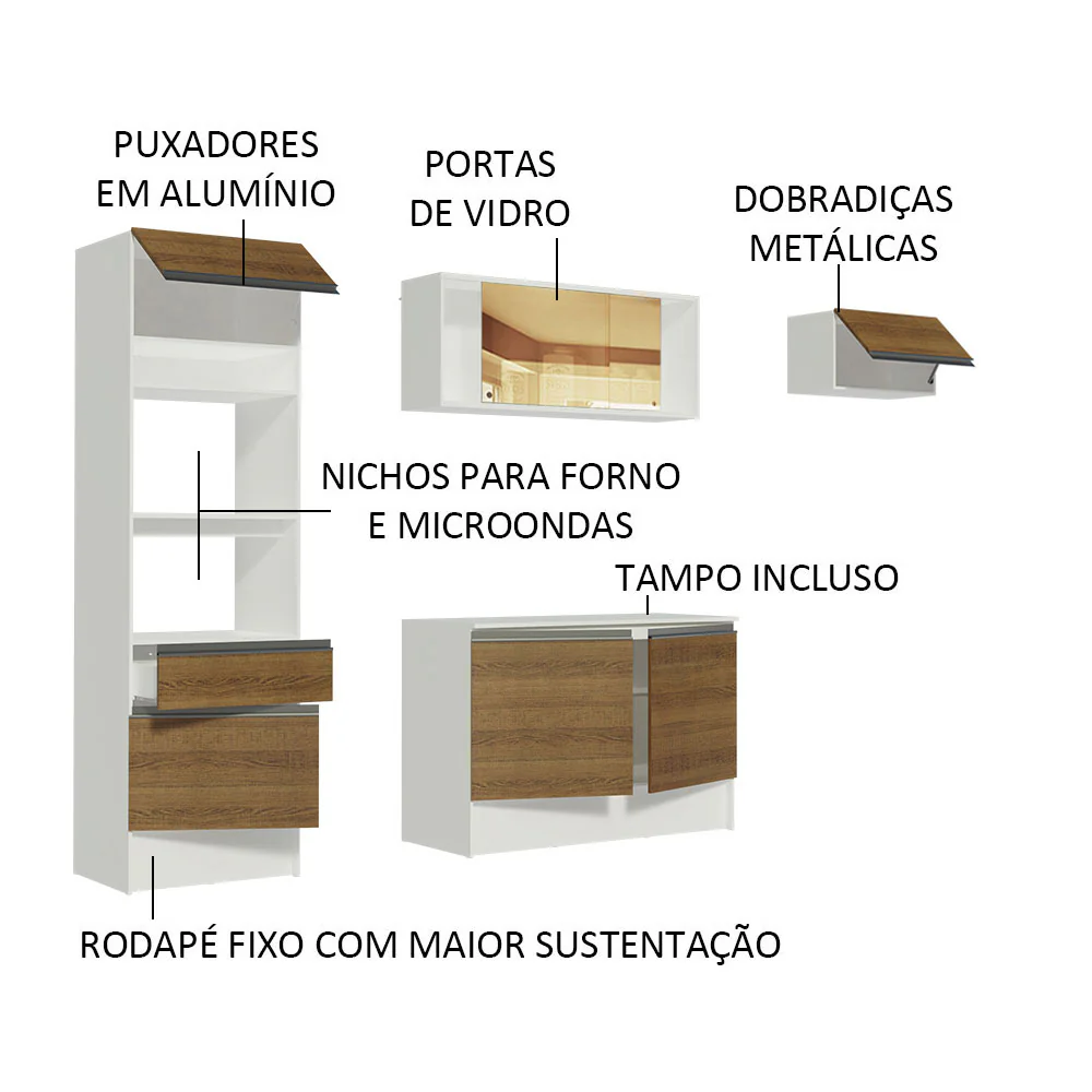 Armário de Cozinha Completa 240cm Branco/Rustic Diamante Madesa 02 - Image 4