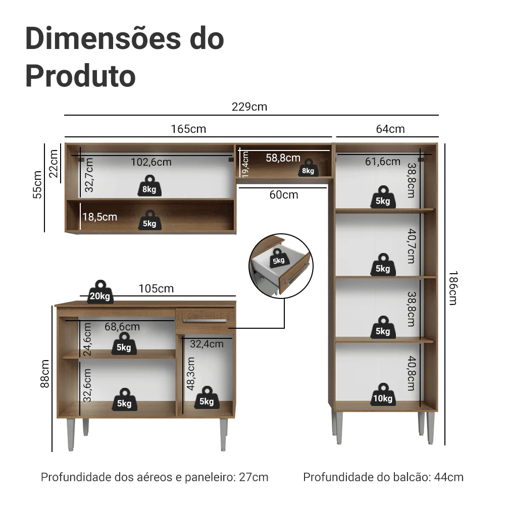 Armário de Cozinha Completa 229cm Rustic/Cinza Emilly Pop Madesa - Image 3