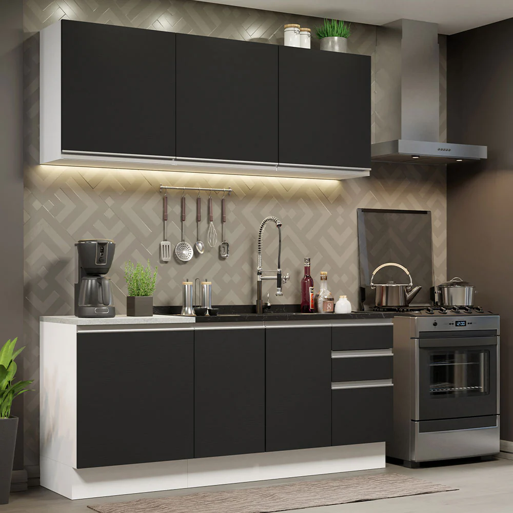 Armário de Cozinha Compacta 180cm Branco Preto Glamy Madesa 05