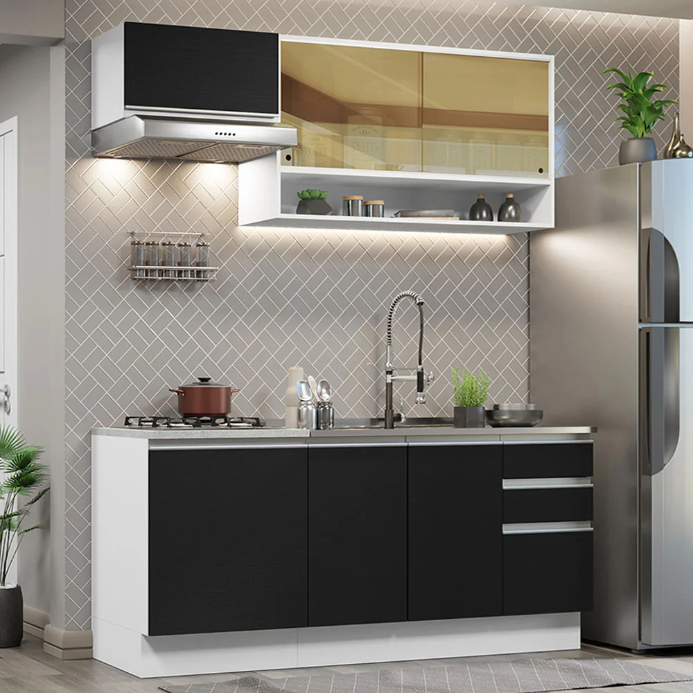 Armário de Cozinha Compacta 180cm Branco Preto Glamy Madesa 08