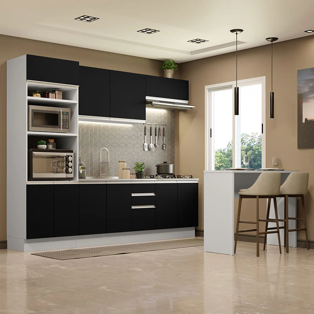 Armário de Cozinha Completa 315cm Branco/Preto Glamy Madesa 02