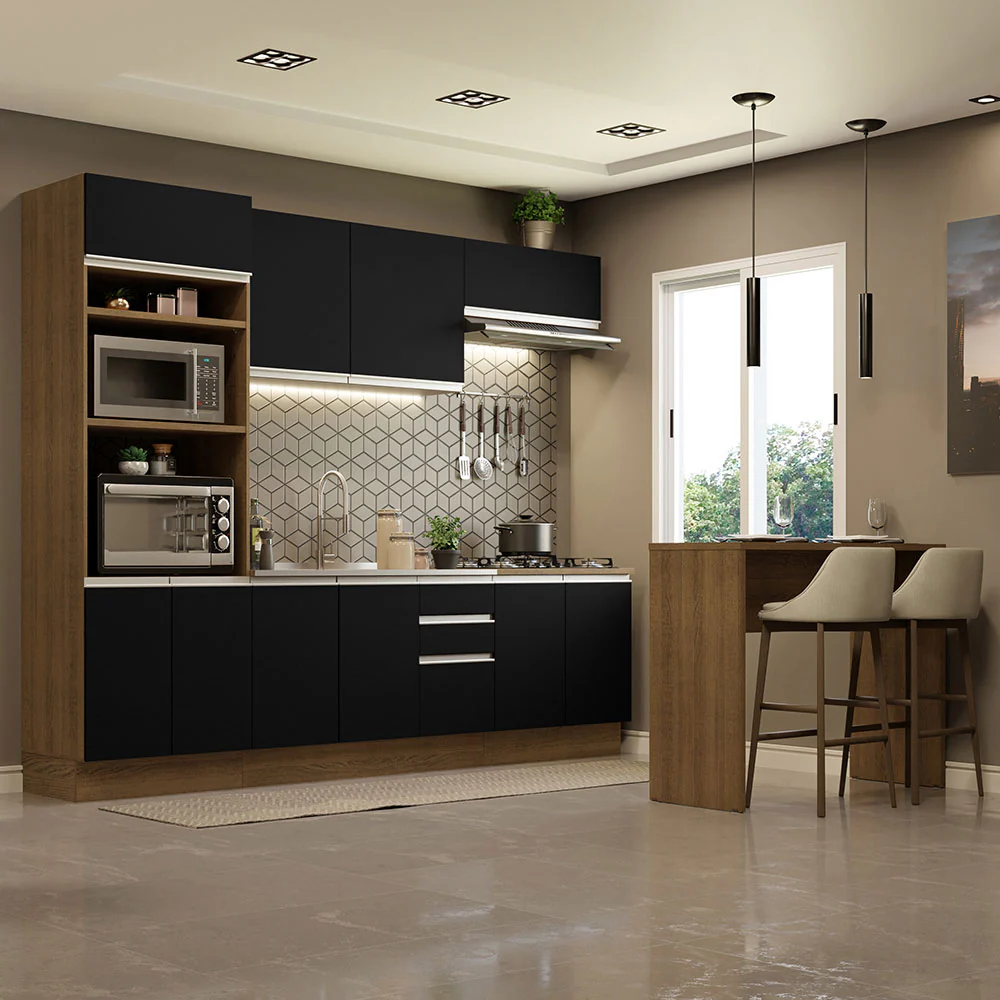 Armário de Cozinha Completa 315cm Rustic/Preto Glamy Madesa 02