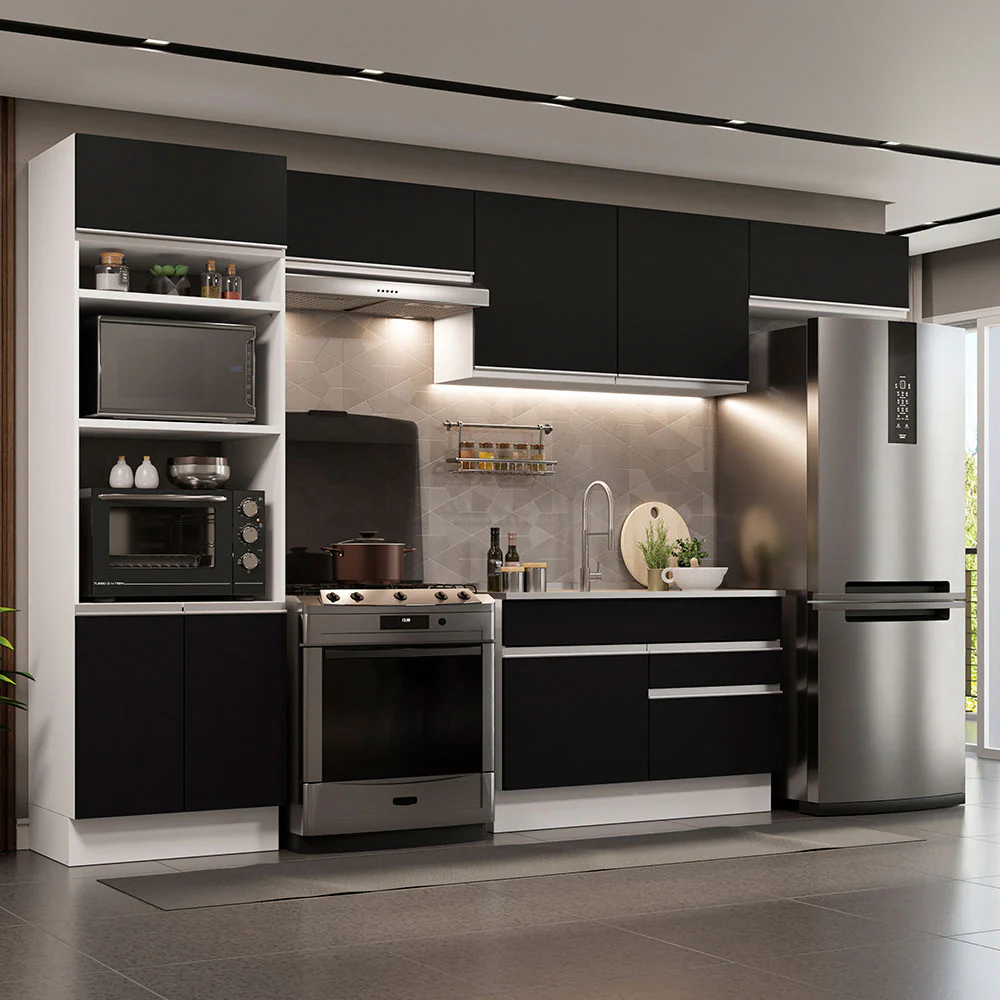 Armário de Cozinha Completa 350cm Branco/Preto Glamy Madesa 01