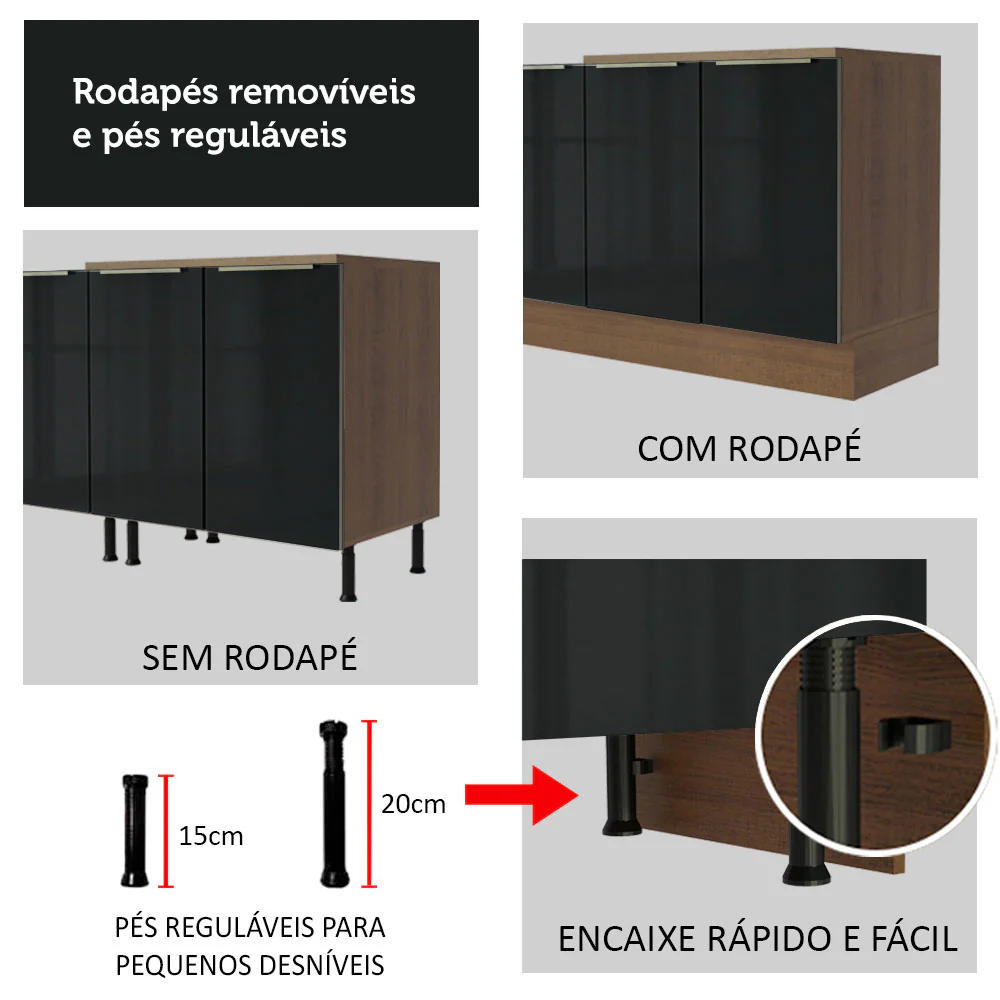 Armário de Cozinha Completa 260 x 60 cm Rustic/Preto Lux Madesa 05 - Image 9
