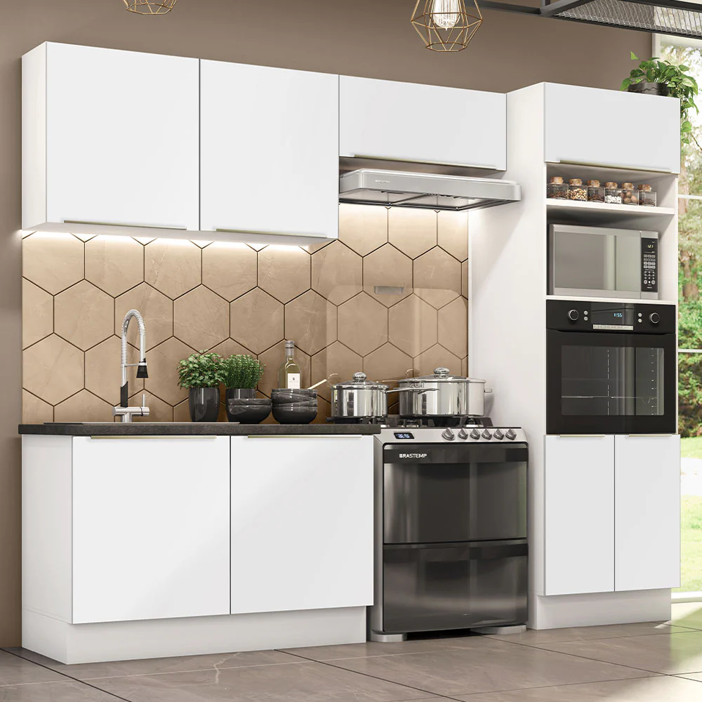 Armário de Cozinha Completa 270 x 60 cm Branco Branco Veludo Lux Madesa 01