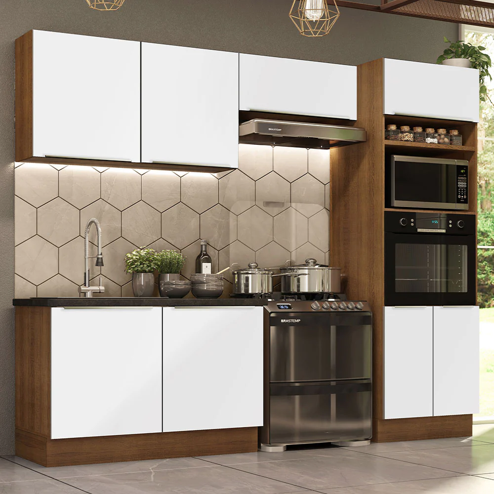 Armário de Cozinha Completa 270 x 60 cm Rustic Branco Veludo Lux Madesa 01