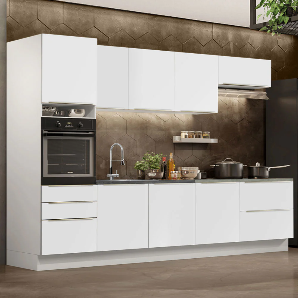 Armário de Cozinha Planejada 320 x 60 cm Branco Branco Veludo Lux Madesa 04
