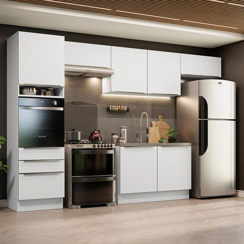 Armário de Cozinha Completa 340 x 60 cm Branco/Branco Veludo Lux Madesa 01