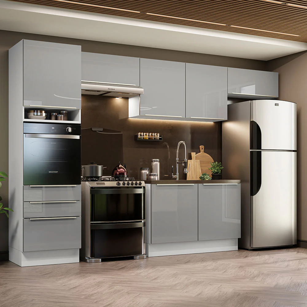 Armário de Cozinha Completa 340 x 60 cm Branco/Cinza Lux Madesa 01