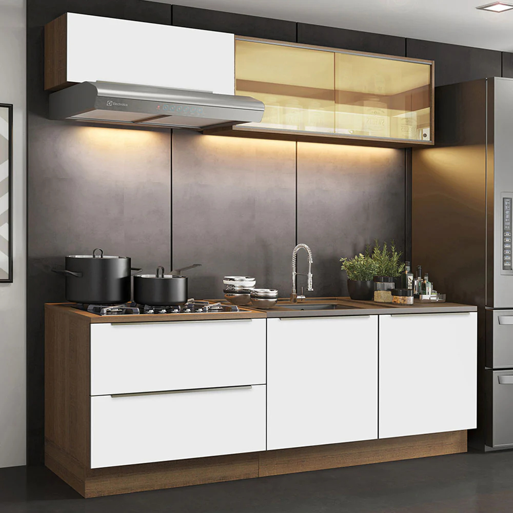 Armário de Cozinha Compacta 200 x 60 cm Rustic Branco Veludo Lux Madesa 01